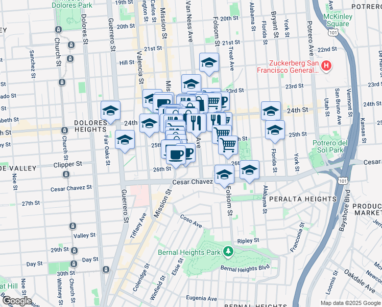 map of restaurants, bars, coffee shops, grocery stores, and more near 1045 Capp Street in San Francisco