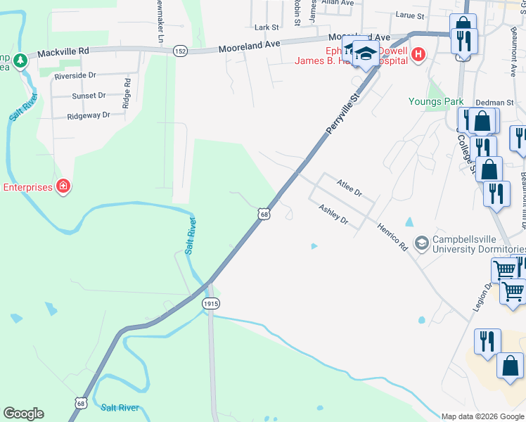 map of restaurants, bars, coffee shops, grocery stores, and more near 800 Perryville Road in Harrodsburg