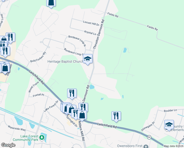 map of restaurants, bars, coffee shops, grocery stores, and more near 3515 Honeysuckle Lane in Owensboro