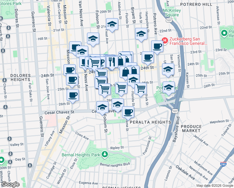 map of restaurants, bars, coffee shops, grocery stores, and more near 1271 Treat Avenue in San Francisco