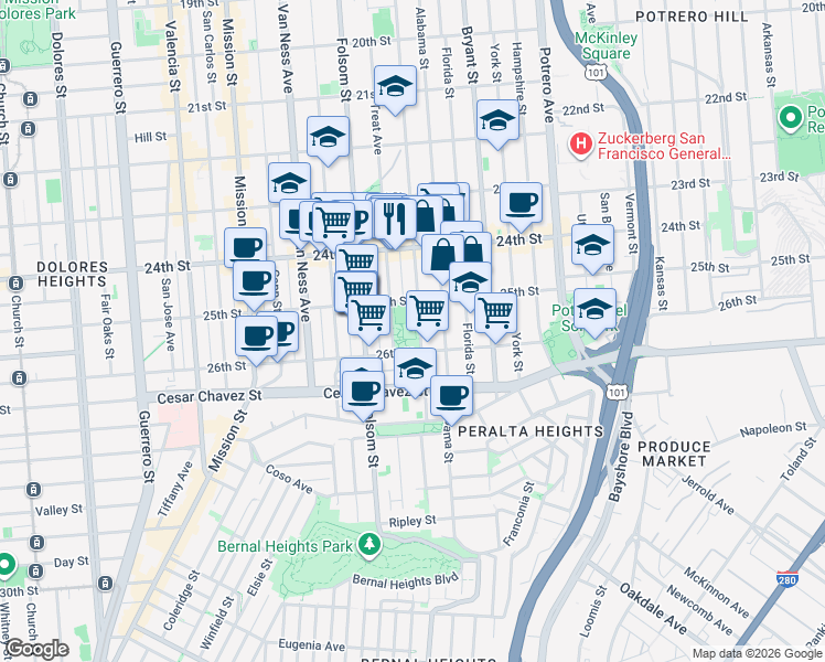 map of restaurants, bars, coffee shops, grocery stores, and more near 1271 Treat Avenue in San Francisco