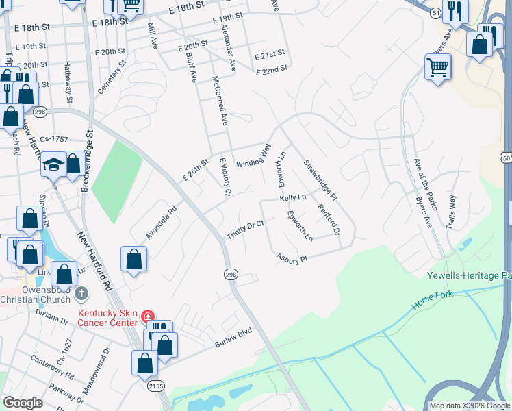 map of restaurants, bars, coffee shops, grocery stores, and more near 1701 Kelly Ln in Owensboro