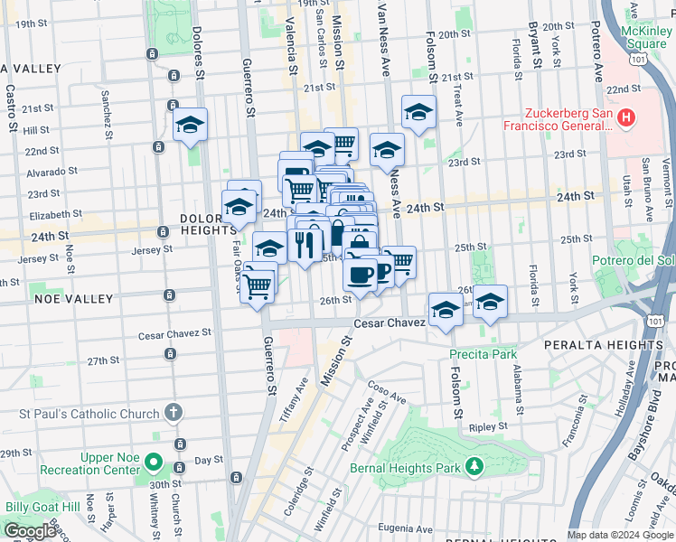 map of restaurants, bars, coffee shops, grocery stores, and more near 421 Bartlett Street in San Francisco