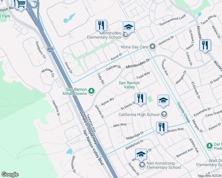 map of restaurants, bars, coffee shops, grocery stores, and more near 530 Marlboro Court in San Ramon