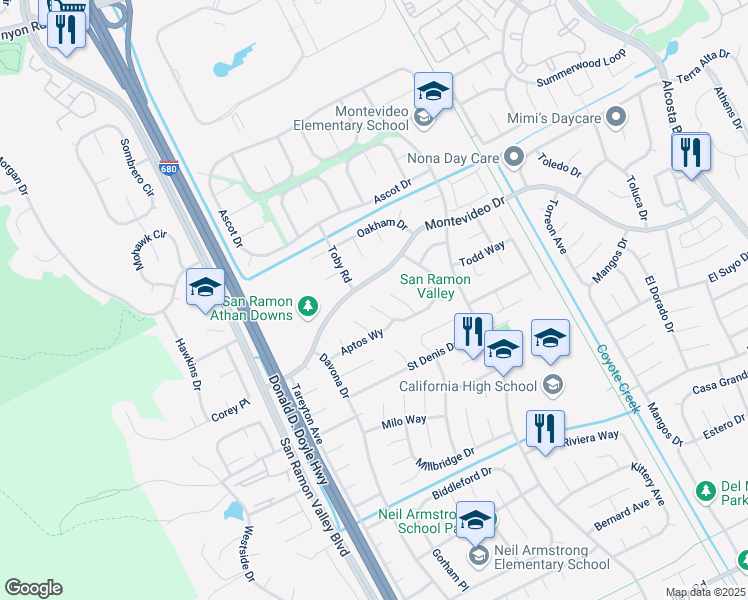 map of restaurants, bars, coffee shops, grocery stores, and more near 530 Marlboro Court in San Ramon