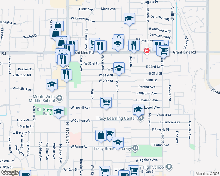 map of restaurants, bars, coffee shops, grocery stores, and more near 1924 Parker Avenue in Tracy