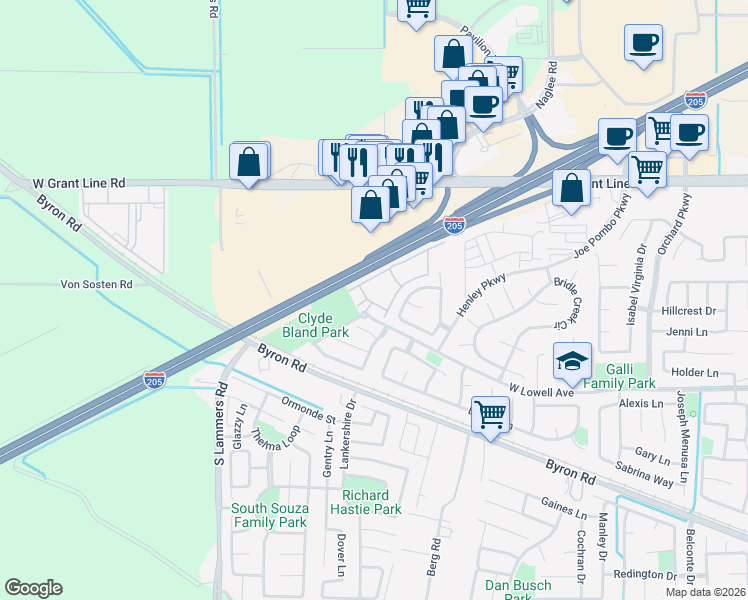 map of restaurants, bars, coffee shops, grocery stores, and more near 2941 West Lowell Avenue in Tracy