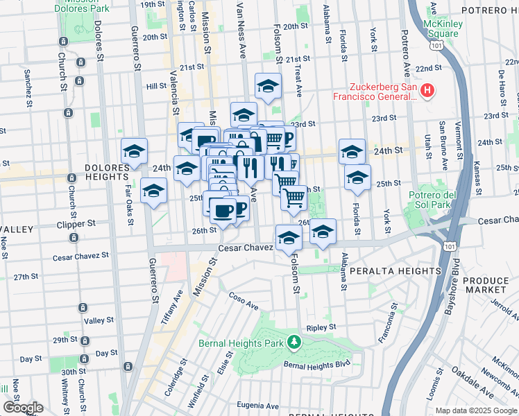 map of restaurants, bars, coffee shops, grocery stores, and more near 107 Cypress Street in San Francisco