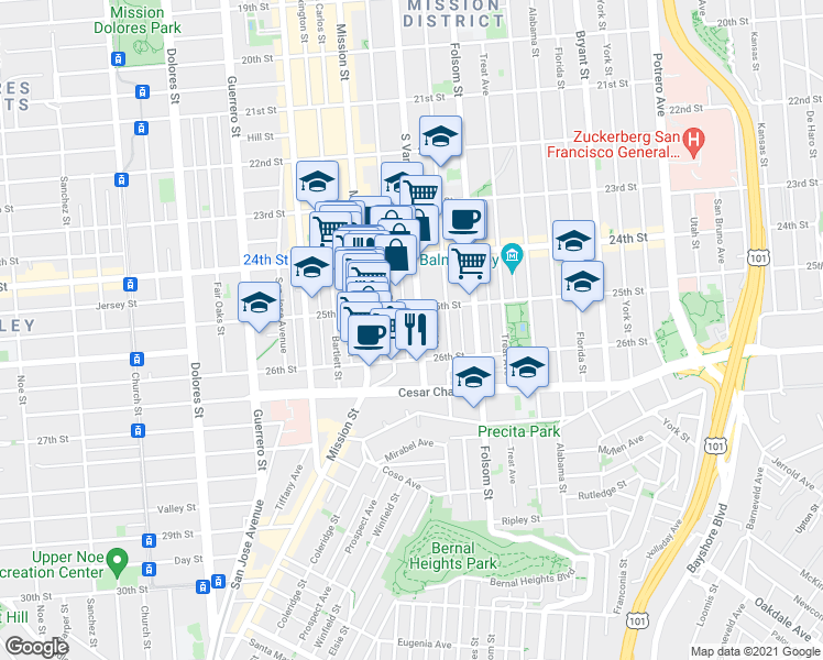 map of restaurants, bars, coffee shops, grocery stores, and more near 107 Cypress Street in San Francisco