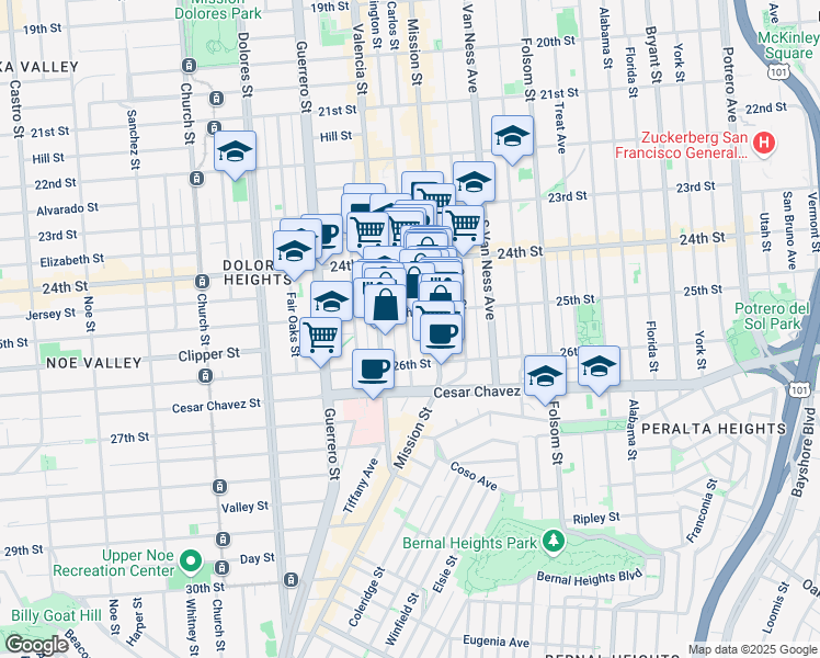 map of restaurants, bars, coffee shops, grocery stores, and more near 9 25th Street in San Francisco