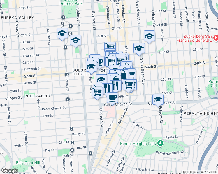 map of restaurants, bars, coffee shops, grocery stores, and more near 3531 25th Street in San Francisco