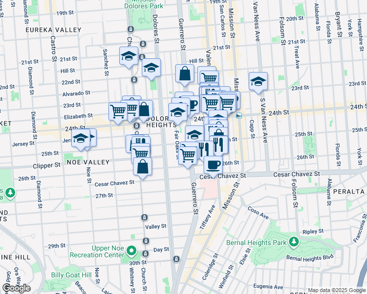 map of restaurants, bars, coffee shops, grocery stores, and more near 392 Fair Oaks Street in San Francisco