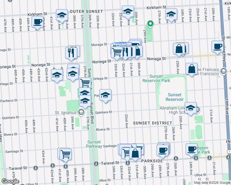 map of restaurants, bars, coffee shops, grocery stores, and more near 1967 33rd Avenue in San Francisco