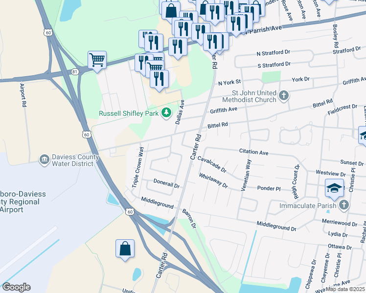 map of restaurants, bars, coffee shops, grocery stores, and more near 2604 Bittel Road in Owensboro