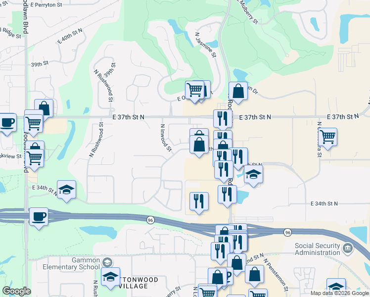 map of restaurants, bars, coffee shops, grocery stores, and more near 7627 East 26th Street North in Wichita