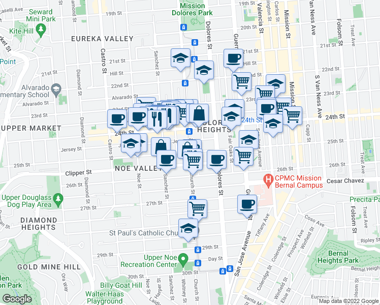 map of restaurants, bars, coffee shops, grocery stores, and more near 25th St & Church St in San Francisco