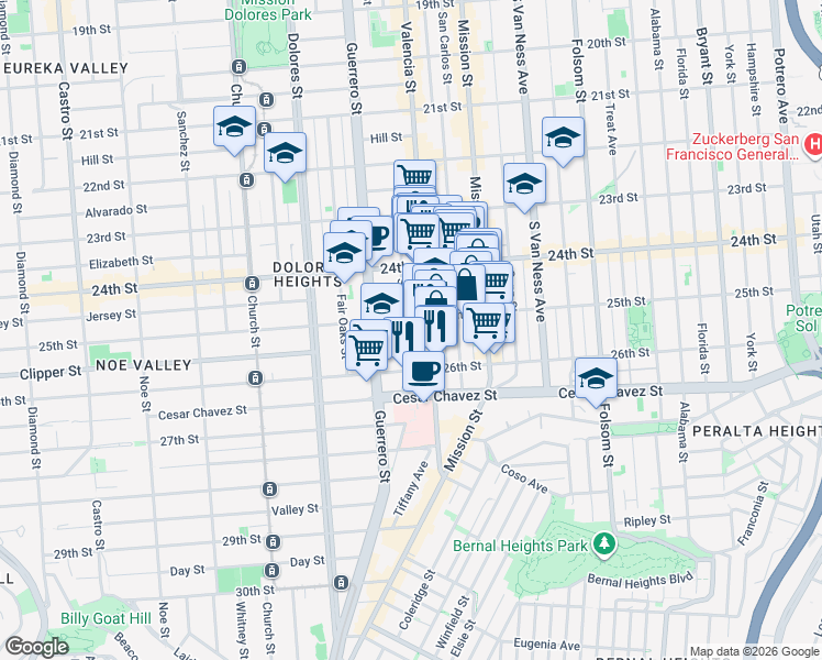 map of restaurants, bars, coffee shops, grocery stores, and more near 3531 25th Street in San Francisco