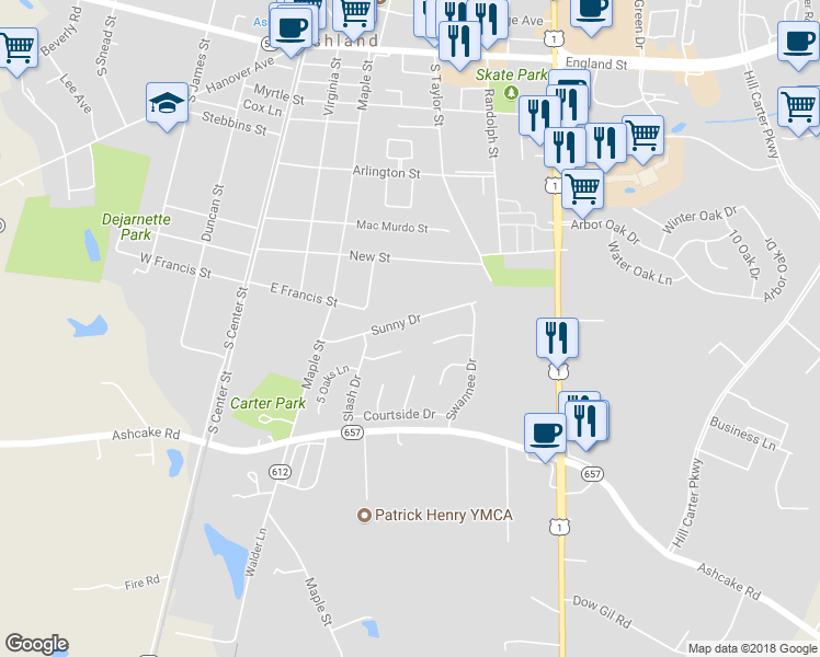 map of restaurants, bars, coffee shops, grocery stores, and more near 127 Sunny Drive in Ashland