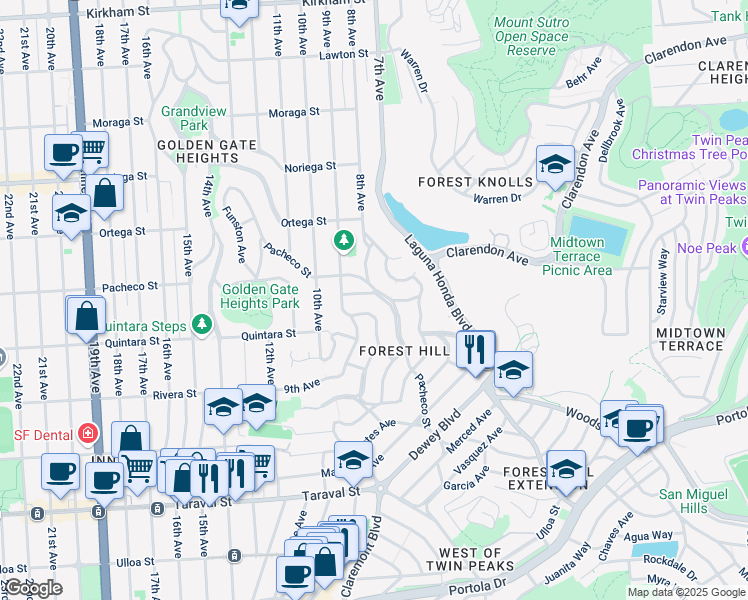 map of restaurants, bars, coffee shops, grocery stores, and more near 120 Alton Avenue in San Francisco