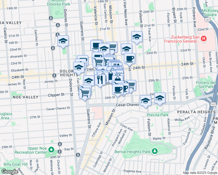 map of restaurants, bars, coffee shops, grocery stores, and more near 421 Bartlett Street in San Francisco