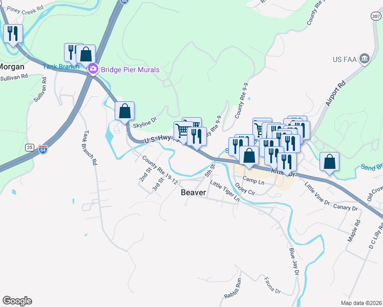 map of restaurants, bars, coffee shops, grocery stores, and more near 658 Ritter Drive in Glen Morgan