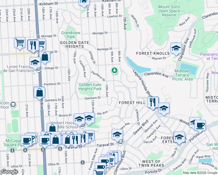 map of restaurants, bars, coffee shops, grocery stores, and more near 2022 10th Avenue in San Francisco