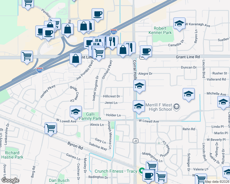 map of restaurants, bars, coffee shops, grocery stores, and more near 1961 Hillview Way in Tracy