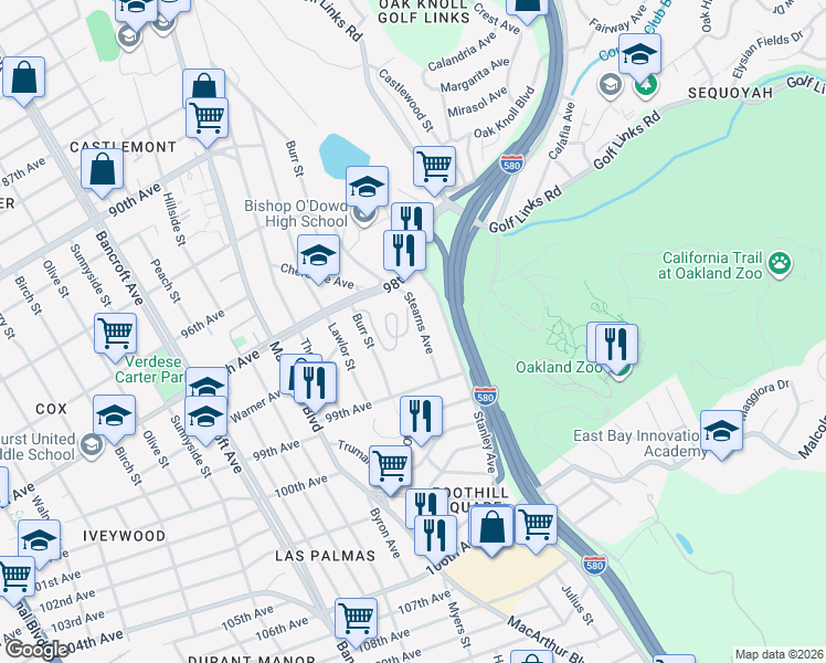 map of restaurants, bars, coffee shops, grocery stores, and more near 79 Anair Way in Oakland