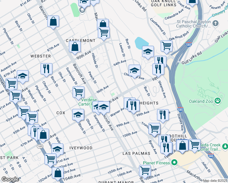 map of restaurants, bars, coffee shops, grocery stores, and more near 9639 Elmview Drive in Oakland