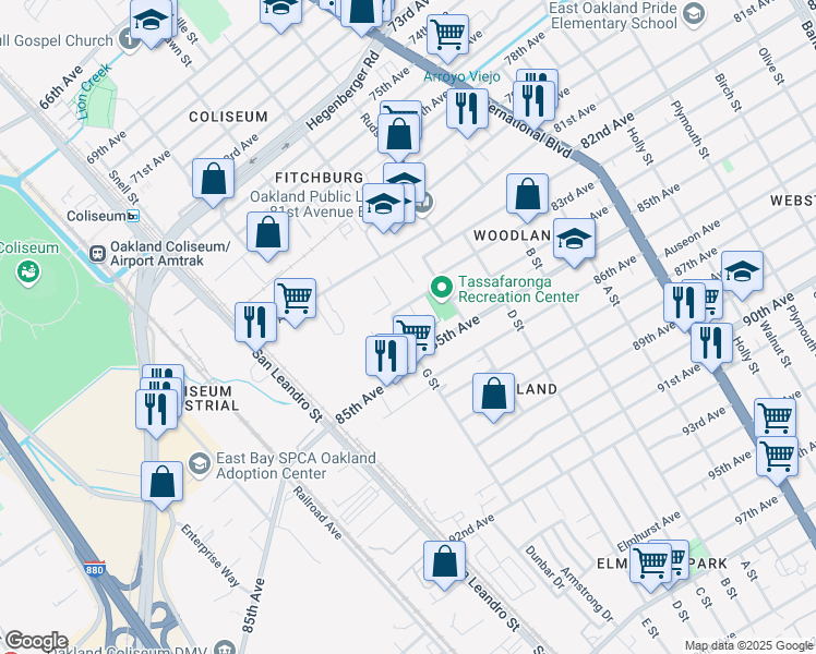 map of restaurants, bars, coffee shops, grocery stores, and more near 935 84th Avenue in Oakland
