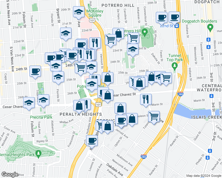 map of restaurants, bars, coffee shops, grocery stores, and more near 2211 26th Street in San Francisco