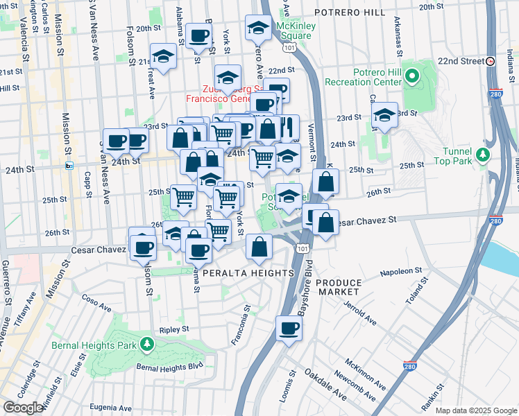 map of restaurants, bars, coffee shops, grocery stores, and more near 1346 Potrero Avenue in San Francisco