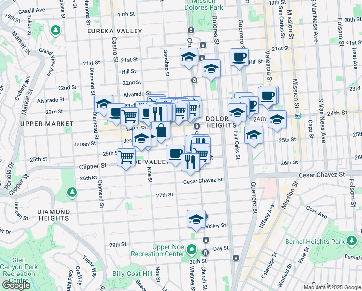 map of restaurants, bars, coffee shops, grocery stores, and more near 406 Vicksburg Street in San Francisco