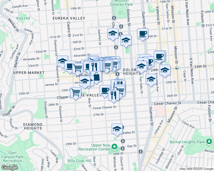 map of restaurants, bars, coffee shops, grocery stores, and more near 406 Vicksburg Street in San Francisco