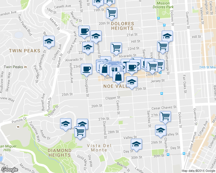 map of restaurants, bars, coffee shops, grocery stores, and more near 845 Diamond Street in San Francisco