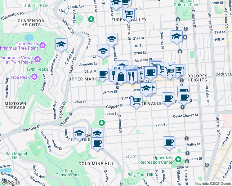 map of restaurants, bars, coffee shops, grocery stores, and more near 845 Diamond Street in San Francisco