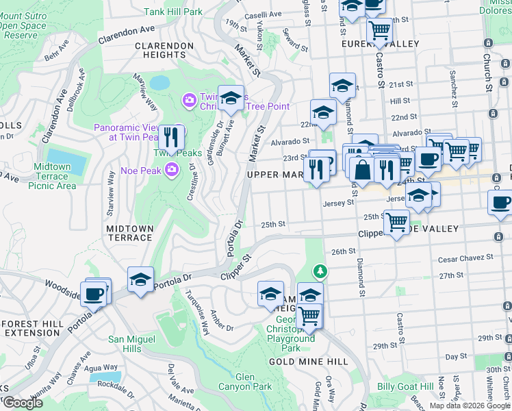 map of restaurants, bars, coffee shops, grocery stores, and more near 16 Fountain Street in San Francisco
