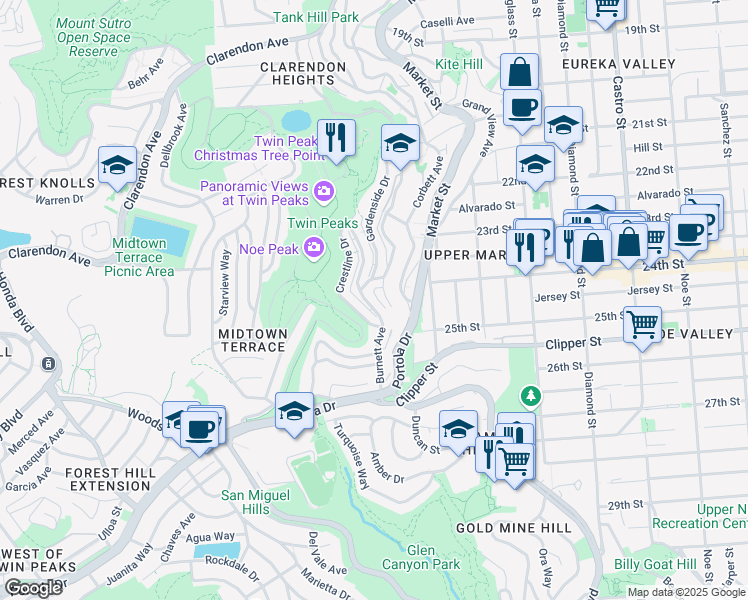 map of restaurants, bars, coffee shops, grocery stores, and more near 12 Perego Terrace in San Francisco