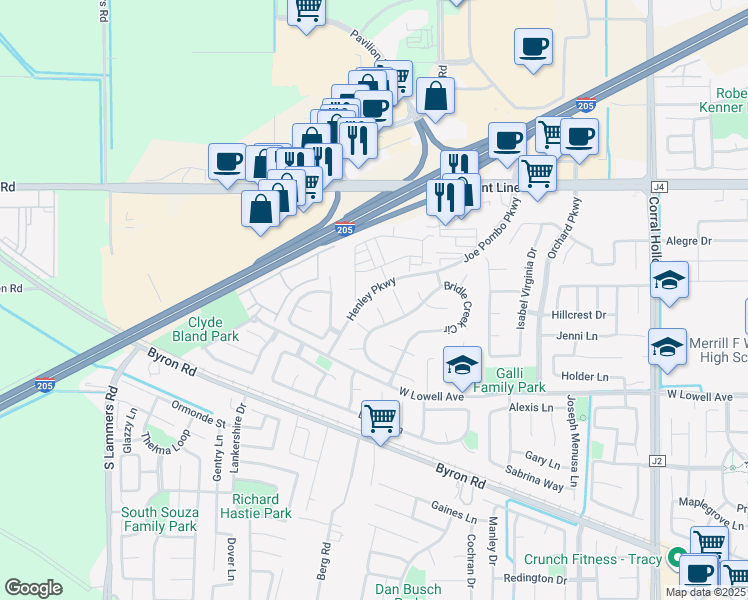 map of restaurants, bars, coffee shops, grocery stores, and more near 2695 Castle Creek Court in Tracy