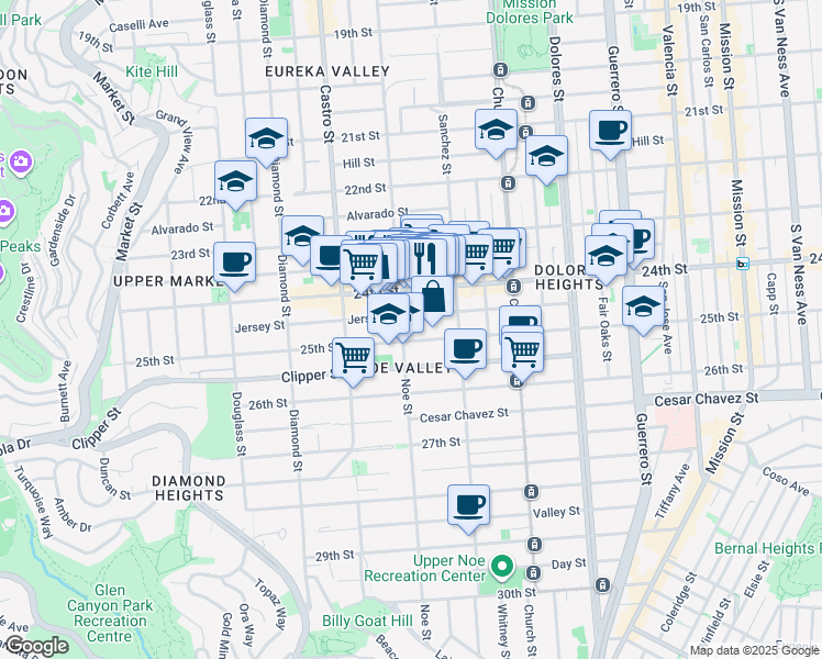 map of restaurants, bars, coffee shops, grocery stores, and more near 293 Jersey Street in San Francisco