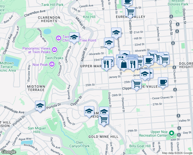 map of restaurants, bars, coffee shops, grocery stores, and more near 405 Hoffman in San Francisco