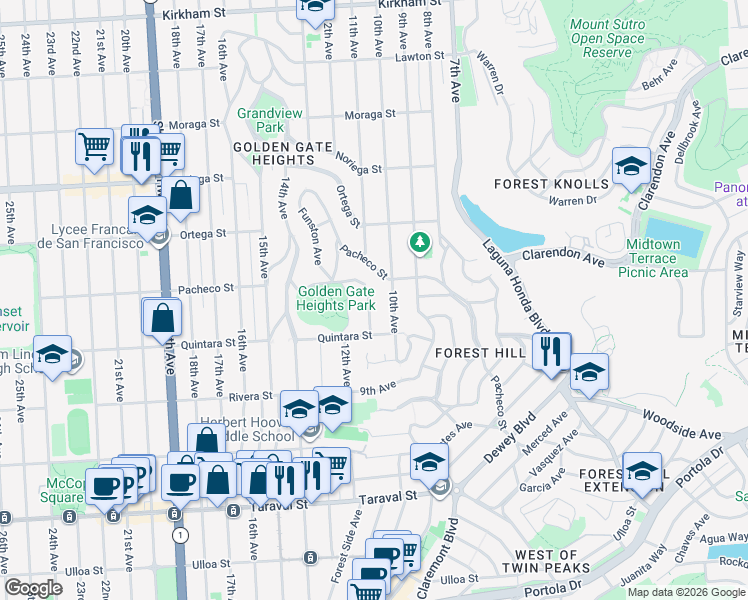 map of restaurants, bars, coffee shops, grocery stores, and more near 60 Cragmont Avenue in San Francisco