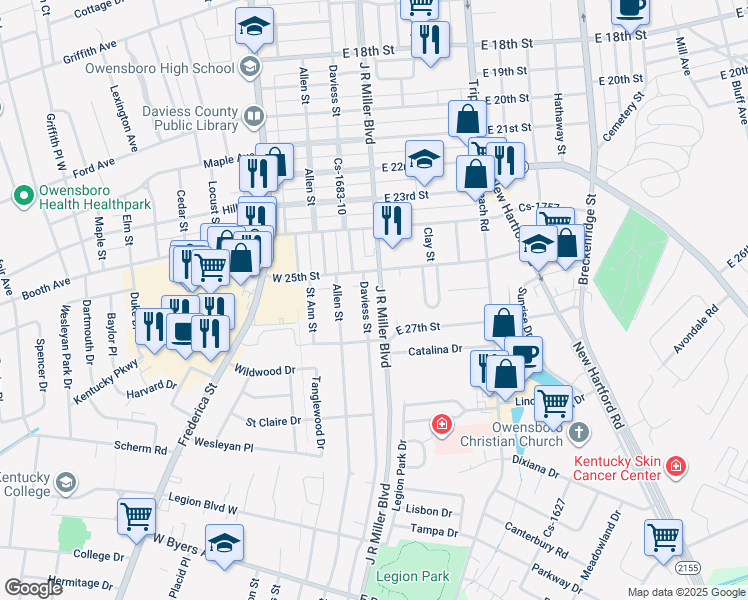 map of restaurants, bars, coffee shops, grocery stores, and more near 2511 Daviess Street in Owensboro