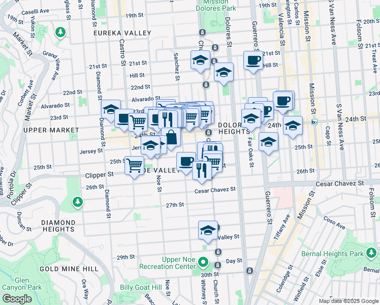 map of restaurants, bars, coffee shops, grocery stores, and more near 406 Vicksburg Street in San Francisco