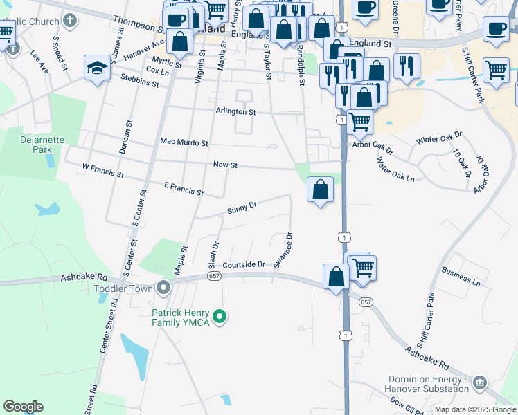map of restaurants, bars, coffee shops, grocery stores, and more near 131 Sunny Drive in Ashland