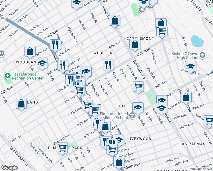 map of restaurants, bars, coffee shops, grocery stores, and more near 9220 Cherry Street in Oakland