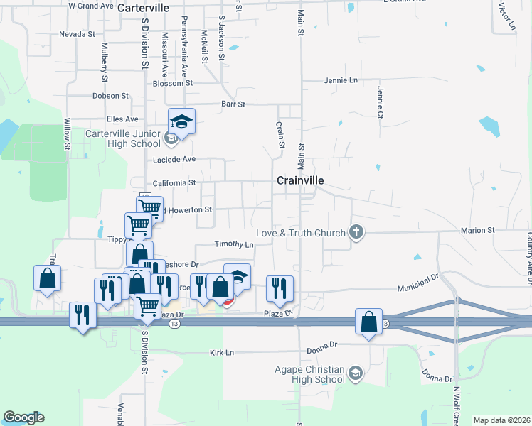 map of restaurants, bars, coffee shops, grocery stores, and more near 815-899 Howerton St in Carterville