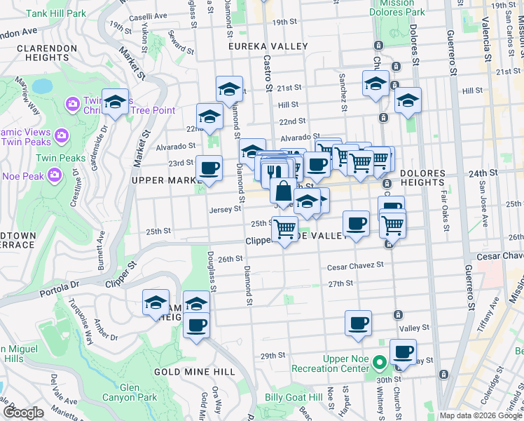 map of restaurants, bars, coffee shops, grocery stores, and more near 451 Jersey Street in San Francisco