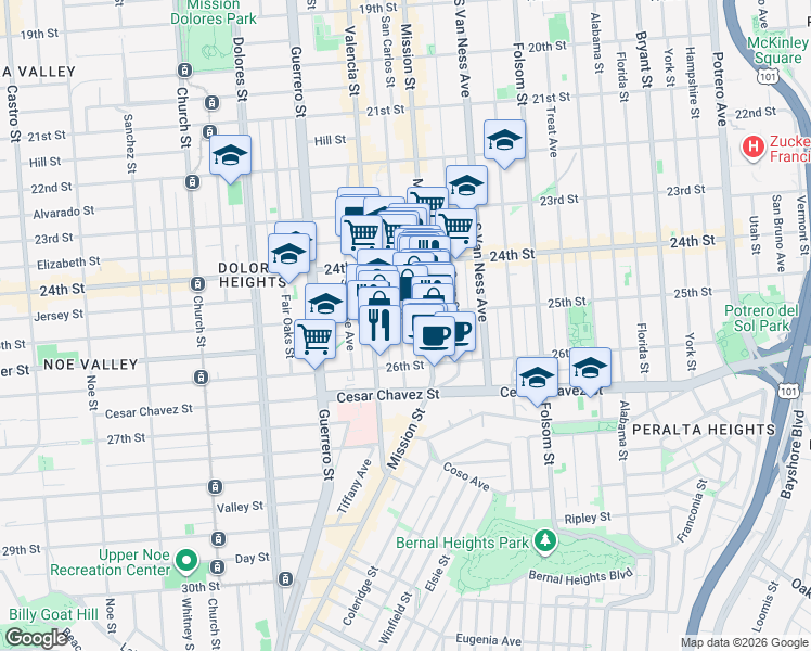 map of restaurants, bars, coffee shops, grocery stores, and more near 9 25th Street in San Francisco