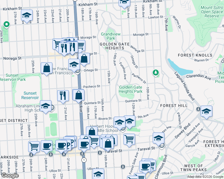 map of restaurants, bars, coffee shops, grocery stores, and more near 2024 15th Avenue in San Francisco